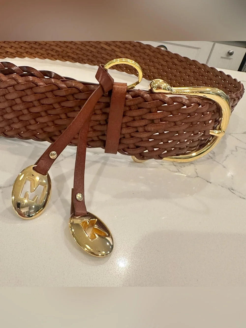 Michael Kors Brown Leather Braided Wide Belt Women’s L Logo Gold Buckle Charm